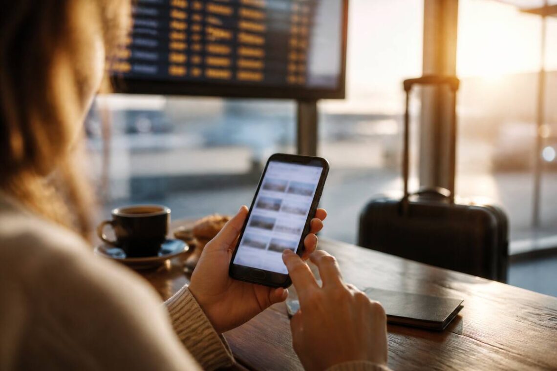 Reiziger die vakanties vergelijkt op een smartphone bij een café, met koffer op de achtergrond.