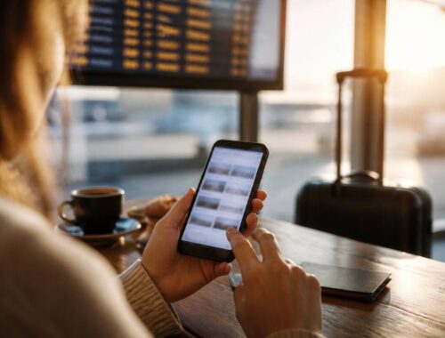 Reiziger die vakanties vergelijkt op een smartphone bij een café, met koffer op de achtergrond.