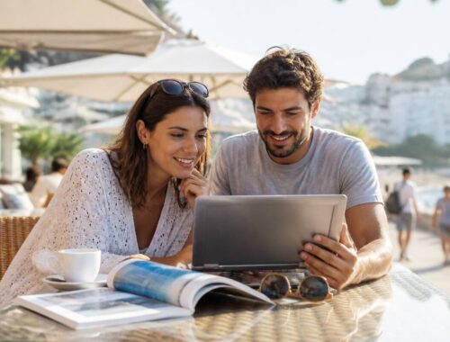 Stel dat op een zonnig terras vakanties vergelijkt op een laptop