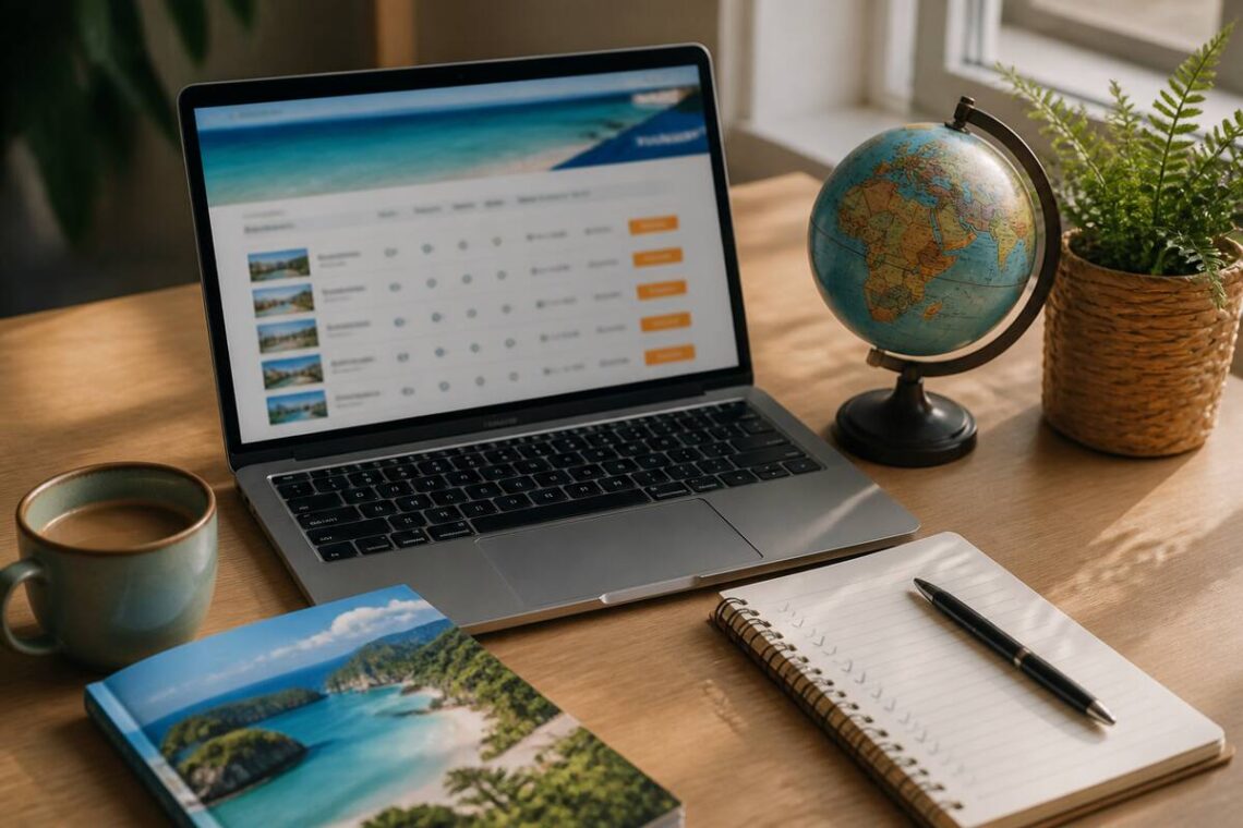 Checklist op tafel naast laptop voor het vergelijken van vakanties