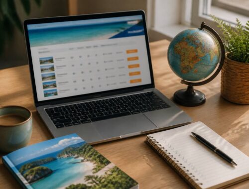 Checklist op tafel naast laptop voor het vergelijken van vakanties