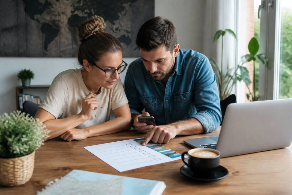 Met een checklist en laptop vakantieopties vergelijken voor een zorgeloze boeking