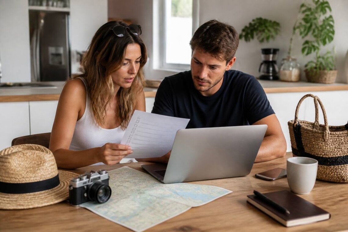Koppel dat een checklist voor vakantiekeuze bekijkt terwijl ze informatie vergelijken op een laptop