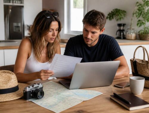 Koppel dat een checklist voor vakantiekeuze bekijkt terwijl ze informatie vergelijken op een laptop