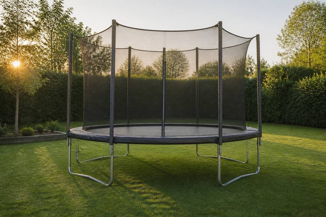 Trampoline in een tuin met veiligheidsnet en randkussen op een egaal oppervlak