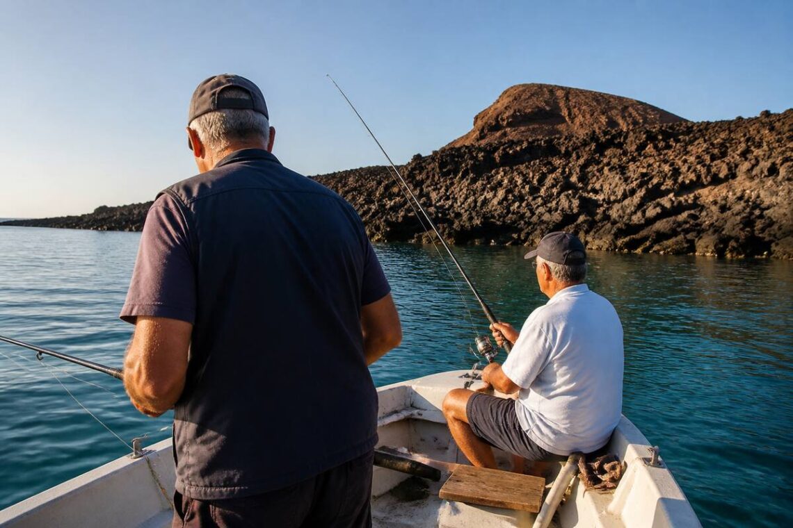 Twee vissers aan het vissen vanaf een boot met zicht op de rotsachtige kust van Lanzarote