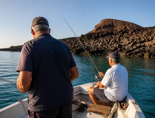 Twee vissers aan het vissen vanaf een boot met zicht op de rotsachtige kust van Lanzarote