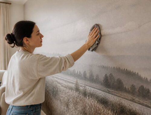 Een persoon reinigt fotobehang voorzichtig met een microvezeldoek in een woonkamer